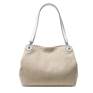 Michael Kors Fabric Shoulder Bag Tote Double Strap Beige White Trim.